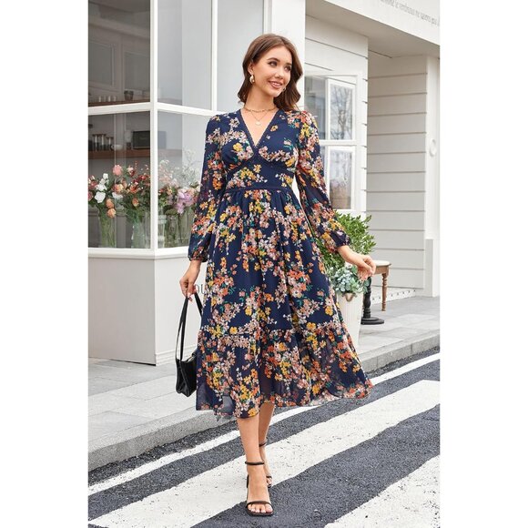 Women's Floral V Neck Chiffon Maxi Dress Long Sleeve Weddings Casual - Picture 4 of 5